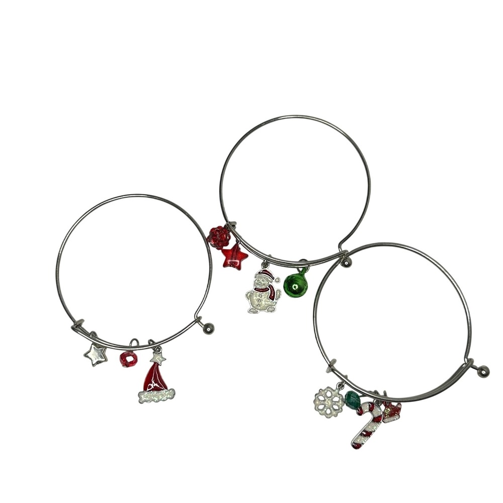 Christmas Holiday Charm Bangle Bracelet Set 3PC Snowman Santa Hat Candy Cane